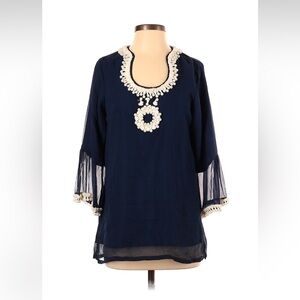 RARE RUNGOLEE Embellished Beaded Tunic Blue White Sz S